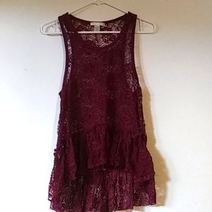High-Low Burgundy Floral Lace Sheer Tank Top